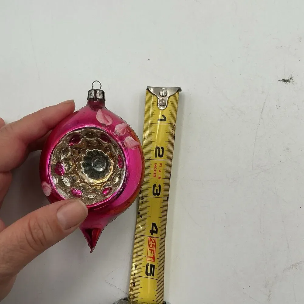 Vintage Mercury Glass Indent Christmas Ornament Pink Floral Teardrop 4.5”
